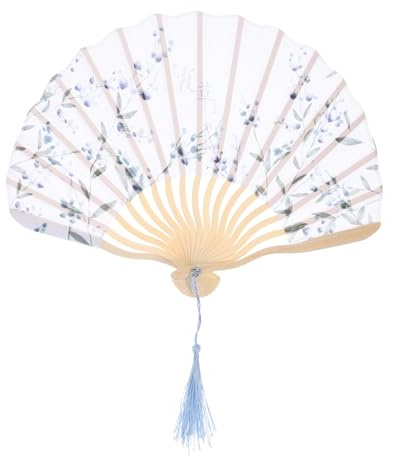 TOKIDNY Ancient Style Cooling Fan Japanese Summer Folding Fan with Bamboo Handle Blue Gypsophila Elegans Decorative Portable Lightweight Women