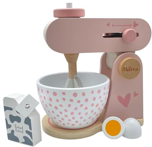 Personalisierbare Holz-Küchenmaschine Rosa – mit Mixerfunktion & Rührschüssel & fördert Kreativität – für Kinder ab 3 Jahren – personalisiert mit Namen – Label Label