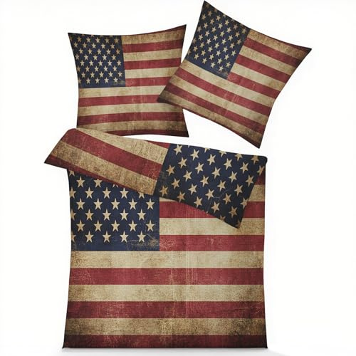 GEDAEUBA Amerikanische Flagge Bettwäsche 135x200 - USA Flagge Bettbezug, Wendebettwäsche und Kissenbezug 80x80, Weiche & Angenehme Mikrofaser Bettwäsche-Sets mit Reißverschluss