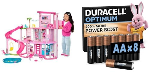 Barbie Dreamhouse, 3-Storey House with 10 Play Areas Including Pool, Slide, Elevator, 75 Doll Accessories, Toy Puppy + DURACELL Optimum AA Batteries (8 Pack)