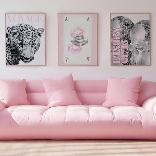 Xiyocadt 3er Poster Set Rosa Leinwand, Gepard, Lippen, Diskokugel, Aesthetic Room Deko, Y2K Wall Decor, Trendige Poster für Teenager, Mädchen, Wohnheim, Ohne Rahmen (21 x 30 cm)