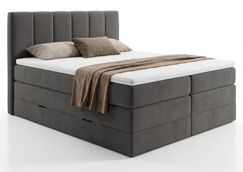 Sofnet Boxspringbett Star XL mit 2 Bettkästen und Topper, mit Taschenfederkern- und Bonellfederkernmatratze, Doppelbett, Polsterbett aus Veloursstoff mit Stauraum (Graphit (Kronos 22), 180 x 200 cm)