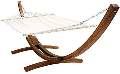 CHARLES BENTLEY Extra Large 4M Hammock, With Larch Wooden Arc Stand, For Two People, Adjustable Hammock Height, In Cream, Free Standing, Canvas Fabric, Swing Seat, Cotton, Polyester (400x120x130cm)