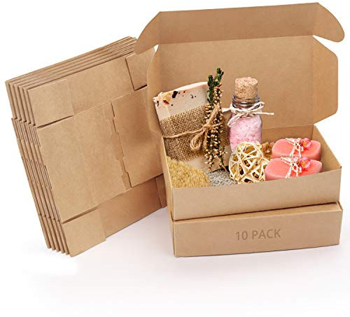 Kurtzy 10 Pack Brown Kraft Gift Boxes - Box Measures 19 x 11 x 4.5cm (7.48 x 4.33 x 1.77 inches) - Easy Assemble Rectangle Presentation Favour Present Box - Parties, Birthdays, Weddings, Holidays