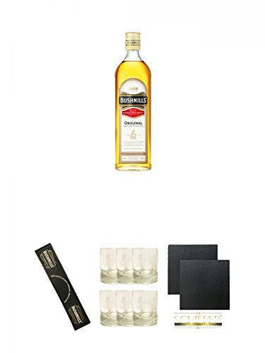 Bushmills Original White Label Irish Whiskey 0,7 Liter + Bushmills Whiskey - Bar Matte aus Gummi + Bushmills Whiskey Gläser 6 Stück + Schiefer Glasuntersetzer eckig ca. 9,5 cm Ø 2 Stück