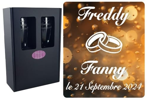 2 Flûtes à Champagne Gravées Modèle Alliances Avec Boîte Cadeau - Cadeau de Mariage Pour les Mariés - Repas, Vin d'Honneur, Anniversaire - Verre 17cl