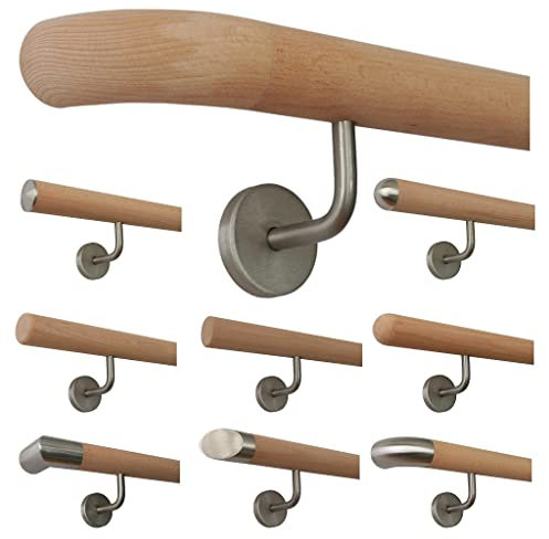 TIBU Holz Handlauf Buche unbehandelt Geländer Wandhandlauf Wand Treppe 30-500cm, Länge 1300mm mit 2 Halter - Enden Holzkrümmling