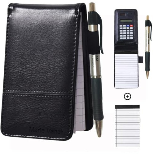 Marte Vanci Mini taccuino tascabile, formato A7, con penna e calcolatrice, confezione da 2 pezzi, 40 fogli, con copertina in pelle, per lista della spesa, note rapide, diario di scrittura