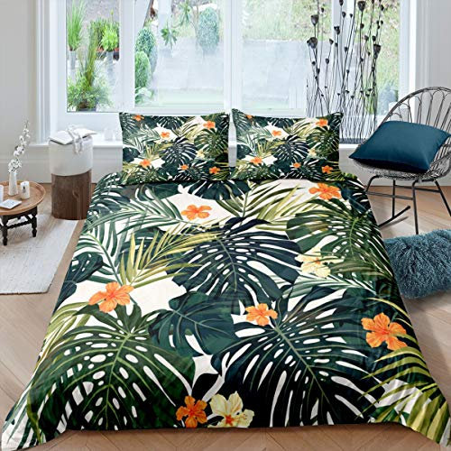 Loussiesd Hawaii Duvet Cover Set Palm Tree Tropical Plants Bedding Set for Woman Adults Botanical Leaves Branches Comforter Cover Floral Print Quilt Cover Bedroom Collection 3Pcs King Size