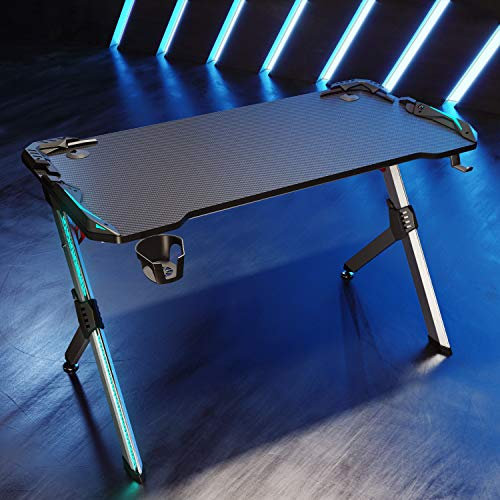 SONNI Gaming Tisch mit LED, RGB Gaming Schreibtisch mit Getränkehalterung und Kopfhörerhaken, Schwarz 120x60x75 cm