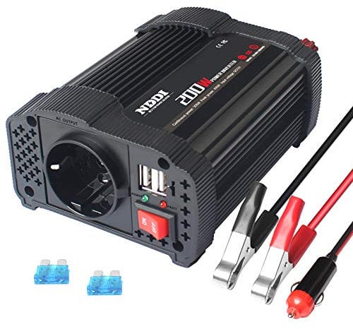 NDDI 200W Car Wechselrichter, 12V DC auf 230V AC Spannungswandler mit Dual USB Autoladegerät und 1 AC Outlet Power Inverter für Auto