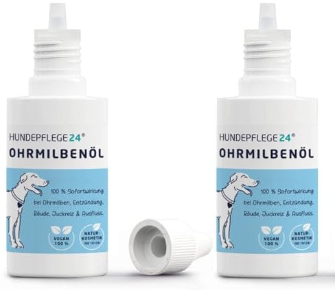 HUNDEPFLEGE24 Ohrmilbenöl für Hunde & Katzen - 100% natürliche, wirksame Sofortwirkung bei Ohrmilben, Entzündung, Ohrräude, Juckreiz & Ausfluss - Ohrentropfen für Hunde gegen Milben 2 x 50ml