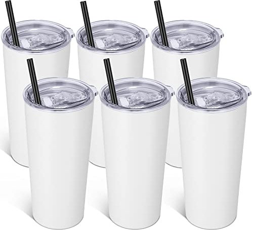 VEGOND Vaso de 20 onzas a granel con tapa y pajita, paquete de 6 unidades, acero inoxidable aislado al vacío, taza de café de doble pared, taza de viaje, color blanco