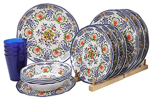 Melamine Dinnerware Set for 4-16 Pcs:Camping Dishes Set with Dinner Plates,Salad Plates,Cups and Bowls.Lightweight and Unbreakable,Indoor and Outdoor Use flower28