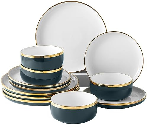 Pokini Juego de vajilla de porcelana, juego de 12 platos y cuencos de porcelana de lujo, juego de platos verdes con borde dorado para boda, aniversario, cumpleaños, juego de platos modernos para cena,
