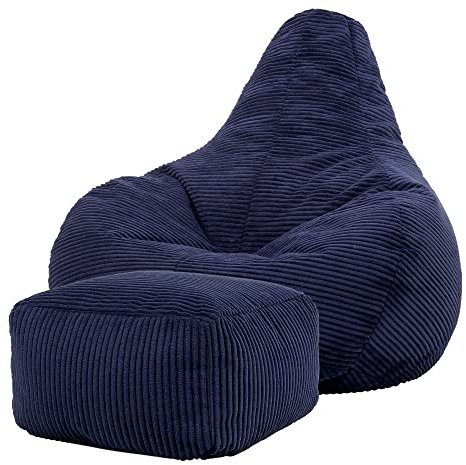icon Dalton Cord Recliner Bean Bag with Footstool, Navy Blue, Large Adult Bean Bag Chair with Filling Included, Comfy Chair, Living Room Furniture, Bedroom Furniture