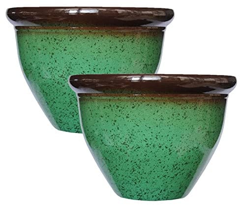 simpa Speckle Glaze Effect Plastic Planter Pots - GREEN, Set of 2 Pots - 22cm (H) x 30.5cm Diameter