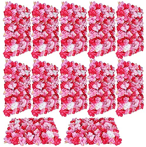 OUKANING Lot de 12 panneaux muraux de roses artificielles - Fond mural pour fête, mariage, fête prénuptiale, fête prénatale - Blanc et rouge - 60 x 40 cm