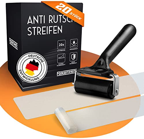 FALKENWERK Antirutschstreifen für Treppen [20 Stück] - Selbstklebende & Transparente Anti Rutsch Streifen [12x75 cm] - Wasserfeste Antirutsch Treppe - Treppen Rutschschutz mit Spachtelroller
