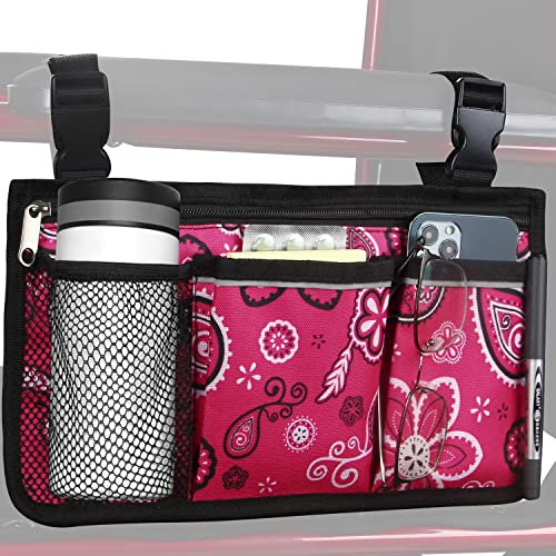 Rollstuhlaufbewahrungstasche Armlehnentasche mit Becherhalter und Reflektorstreifen Wasserdichtes Gewebe, für die meisten Rollstühle, Rollatoren oder Rollatoren (Rot Geblümt)