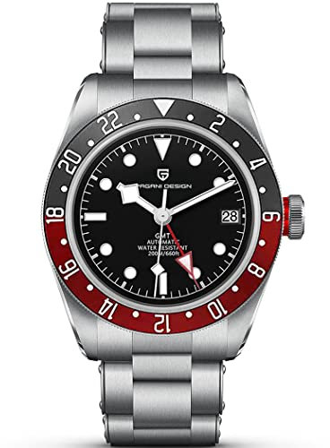 Pagani Design 1706 GMT Automatik Uhr Hommage Black Bay Herren Mechanische Armbanduhr Multi-Time Zone Funktion Wasserdicht 200M Sportuhr (Schwarz Rot)