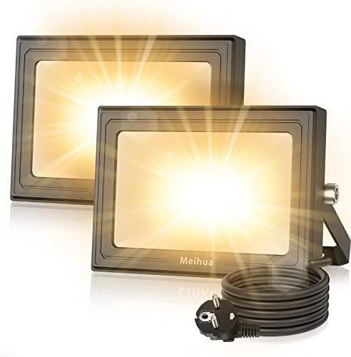 MEIHUA LED Strahler 60W LED Strahler mit Stecker Superhell 5200LM LED Scheinwerfer Außen 2700K Warmweiß LED Fluter IP66 Wasserdicht Außenstrahler Aussenleuchte für Auffahrt Garage Garten 2Stk.
