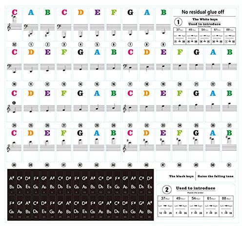 WEITING Tastatur-Aufkleber - Klaviertastatur-Aufkleber für 88/61/54/49/37 Tasten - Key Note-Aufkleber aus Silikon mit bunten, fetten Großbuchstaben und schwarzen Zahlen
