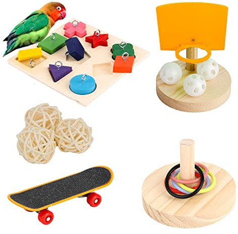 WishesMar Papageien Spielzeug Set 4 Stück Vogel Intelligence Trainings Spielzeug mit Roller Basketball Spielzeug Stapeln für Budgie Wellensittich Nymphensittich Sittich