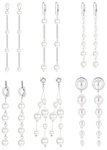 MILACOLATO 6 Paar Lange Perlenohrringe für Damen 14 Karat Vergoldet Quaste Perle Tropfen Ohrringe Einfädler Perle Ohrhänger Schmuck für Braut Hochzeit Silber