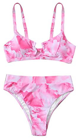 Heiße Zweiteilige heikle Brustsplit-Set Set für Frauen Kontrastgradient Badebekleidung Steinhart Uhren (Pink, M)