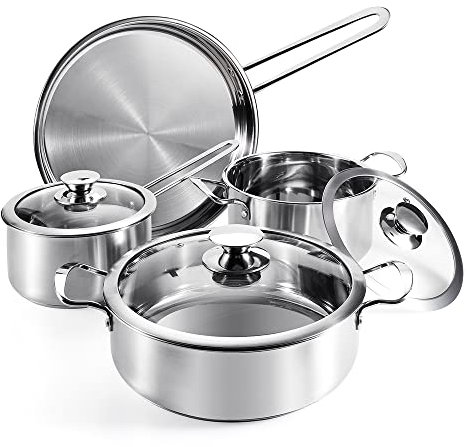 Batterie de cuisine en acier inoxydable, Accessoires Cuisine, 7 pièces, fonctionne avec les plaques de cuisson à induction/électriques et à gaz, antiadhésifs, lave-vaisselle