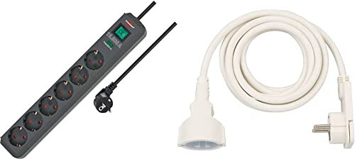 Brennenstuhl Eco-Line Steckdosenleiste 6-Fach mit Überspannungsschutz (Schalter und 1,5m Kabel) anthrazit & Qualitäts-Kunststoff-Verlängerungskabel mit Flachstecker (mit 3m Kabel) weiß