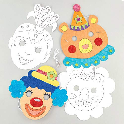 Baker Ross Masken „Zirkus“ zum Ausmalen (8 Stück) – Masken mit verschiedenen Zirkusmotiven für Kinder zum Gestalten und Verkleiden, Weiß (Packung mit 2)