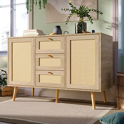 HAINEW Rattan Kommode mit 2 Türen und 3 Schubladen, Moderne Eichenfarbe Sideboard mit Verstellbare Ablage, Massivholzfüßen, Beistellschrank Aufbewahrungsschrank, H82×L120×T40cm