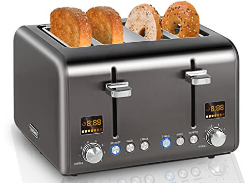 SEEDEEM 4 Slice Toaster, Stainless Steel Bread Toaster with 2 LCD Display, 7 Shade Settings, 1.4'' Extra Wide Slots Bagel Toaster with Cancel/Bagel/Defrost/Reheat Functions Dark Metallic