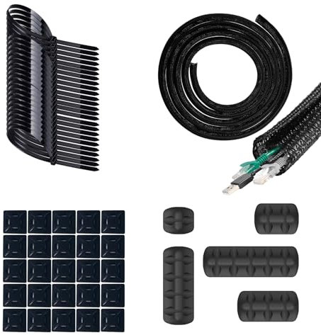 Cable Tidy Sleeve Set with Cable Ties, 1/2 inch Cable Management Sleeve(1m) Self Adhesive Mount Base, Cable Clip Organizer for USB Cable Power, Cord Protector Wire Protect Pet from Chewing Cord