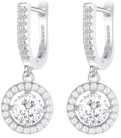 LÖB Damen Creolen Vergoldet mit Zirkonia Stein Anhänger Rund Ohrringe Hängend Glitzer Strass Rund Klein Brautschmuck Kreolen Silber Weiß