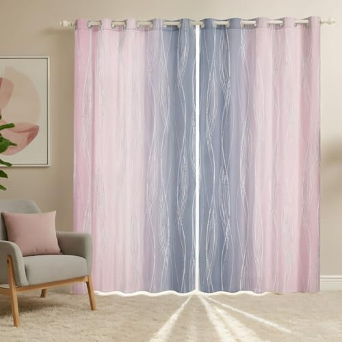 Homewish Lot de 2 rideaux occultants rose et gris pour chambre de fille – Rideaux de fenêtre ombrés à rayures géométriques ondulées – Rideaux de fenêtre abstraits, dégradé rose et gris, 168 x 183 cm