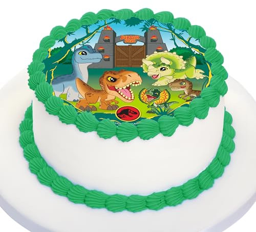 Kardasis Jurassic World Explorers cake topper avec papier sucre | Topper comestible pour gâteaux | Disque Azyme Décoration de gâteau pour l'anniversaire sur le thème Jurassic World | 20 cm