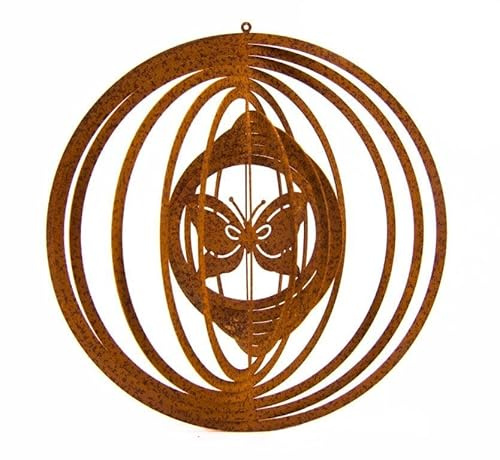 Metall Windspiel Schmetterling 3D zum Hängen und Drehen Edelrost Baumdeko Rost Gartenhänger Made in Europa D=18 cm