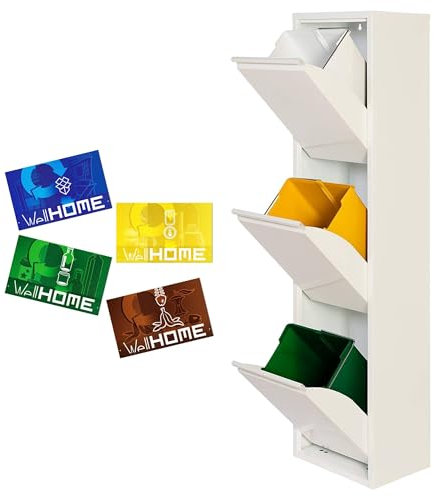 WELL HOME - Cubo de basura y reciclaje Metálico de 3 compartimentos + 4 etiquetas magnéticas, 3x17L (51L) Blanco mate