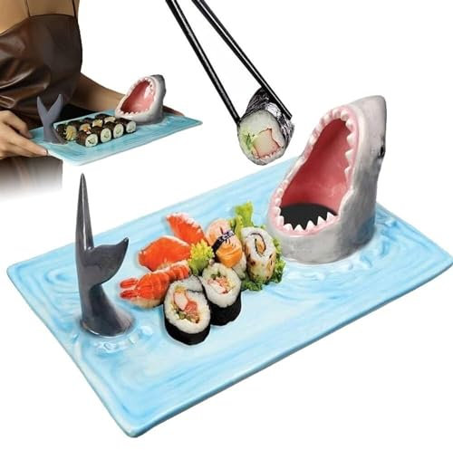LKUOU 2024 Nuevo plato de sushi de tiburón,Platos de sushi,Plato de sushi de tiburón de cerámica pintado a mano,Plato en forma de tiburón con tazón de salsa de soja y soporte for palillos