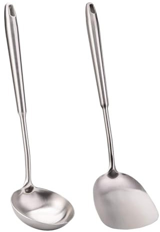 FJNATINH 2 Pieces Wok Turner and Ladle Ladle Chinese Wok Utensil Set 304 Stainless Steel Cooking Utensils
