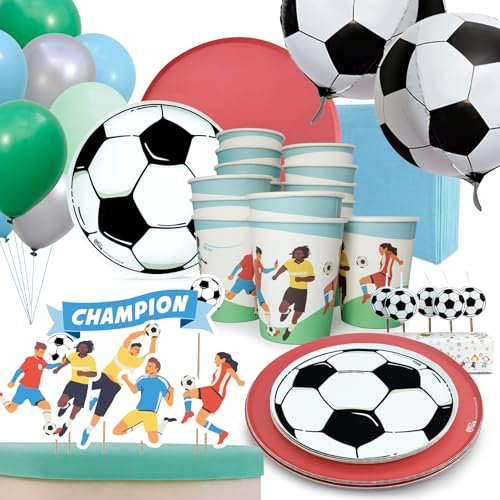 PARTY PARTY 97 Teile Fußball Geburtstag Set Rot 16 Gäste, EM PARTYGESCHIRR + CAKETOPPER + KERZEN+ BALLONS, Fußballparty Geburtstag Fußball Deko Jungen Mädchen