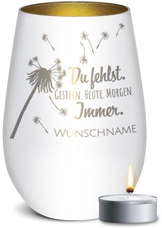 PR Print Royal Trauer Windlicht mit Gravur - Du fehlst - mit Name gravieren - Trauergeschenk, Gedenklicht, Geschenke für Trauernde | inkl. Teelicht, 450 ml, Weiß/Gold