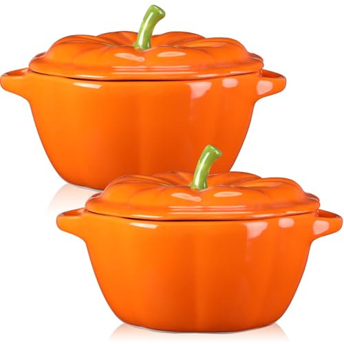 Ziliny 2 cuencos de calabaza de cerámica de 13 onzas, cacerola de cocina, olla de horno segura con tapa y asa para otoño, Halloween, Acción de Gracias, otoño, hornear, postre