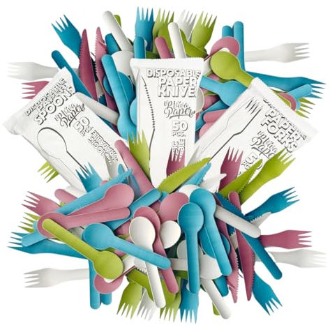 Pack de 150 Piezas de Color Blanco, Desechables Hechas de Papel Resistente y Compostable. Ideales para Fiestas, Eventos y Catering. Fabricados sin Plásticos ni Astillas. Bonitos, Útiles y Sostenibles.