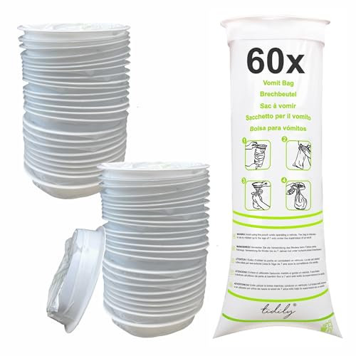 tidily Set mit 60 Spucktüten - Einweg-Spucktüten - Notfall-Kotzbeutel – Tragbare Kotzbeutel mit Ring fürs Auto, Reise - Für Männer, Frauen, Kinder, Einweg Brechbeutel, Übelkeitsbeutel