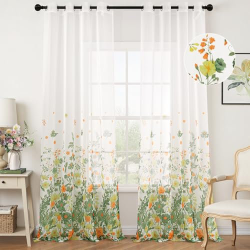 Woaboy Gardinen Grün Voile Blumenmuster Vorhänge mit Ösen Wohnzimmer Transparente Ösenschal Sheer Voile Curtains für Schlafzimmer 2er Set 140x245cm(BxH)