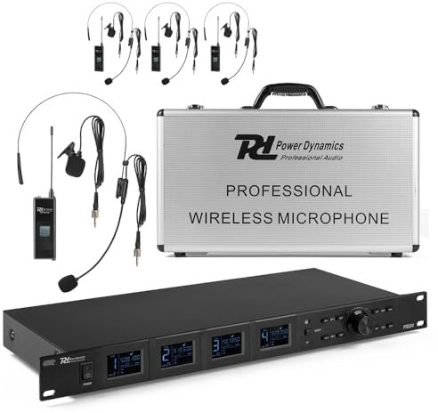 Power Dynamics PD524B Sistema de micrófono inalámbrico UHF con 4X Bodypacks, Micro de Solapa inalámbrico, Micro de Diadema inalámbrico, Recargable por USB, transmisión Infrarrojos, Ideal para Eventos
